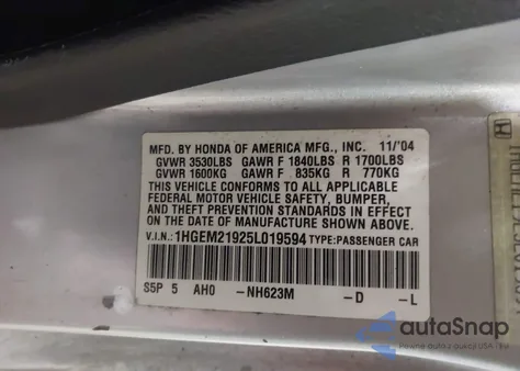 2005 Honda Civic Ex from USA, damaged, VIN 1HGEM21925L019594